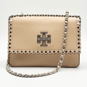 Tory Burch Beige Crossbody or Shoulder Bag, Silver Chain & Hardware EUC